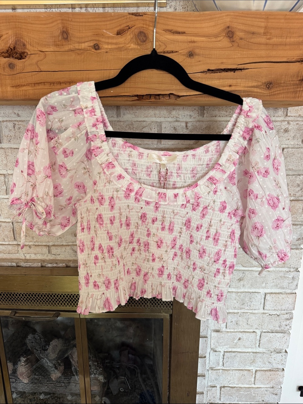 NWT LoveShackFancy White and Pink Floral Smocked Puff-Sleeve Crop Top